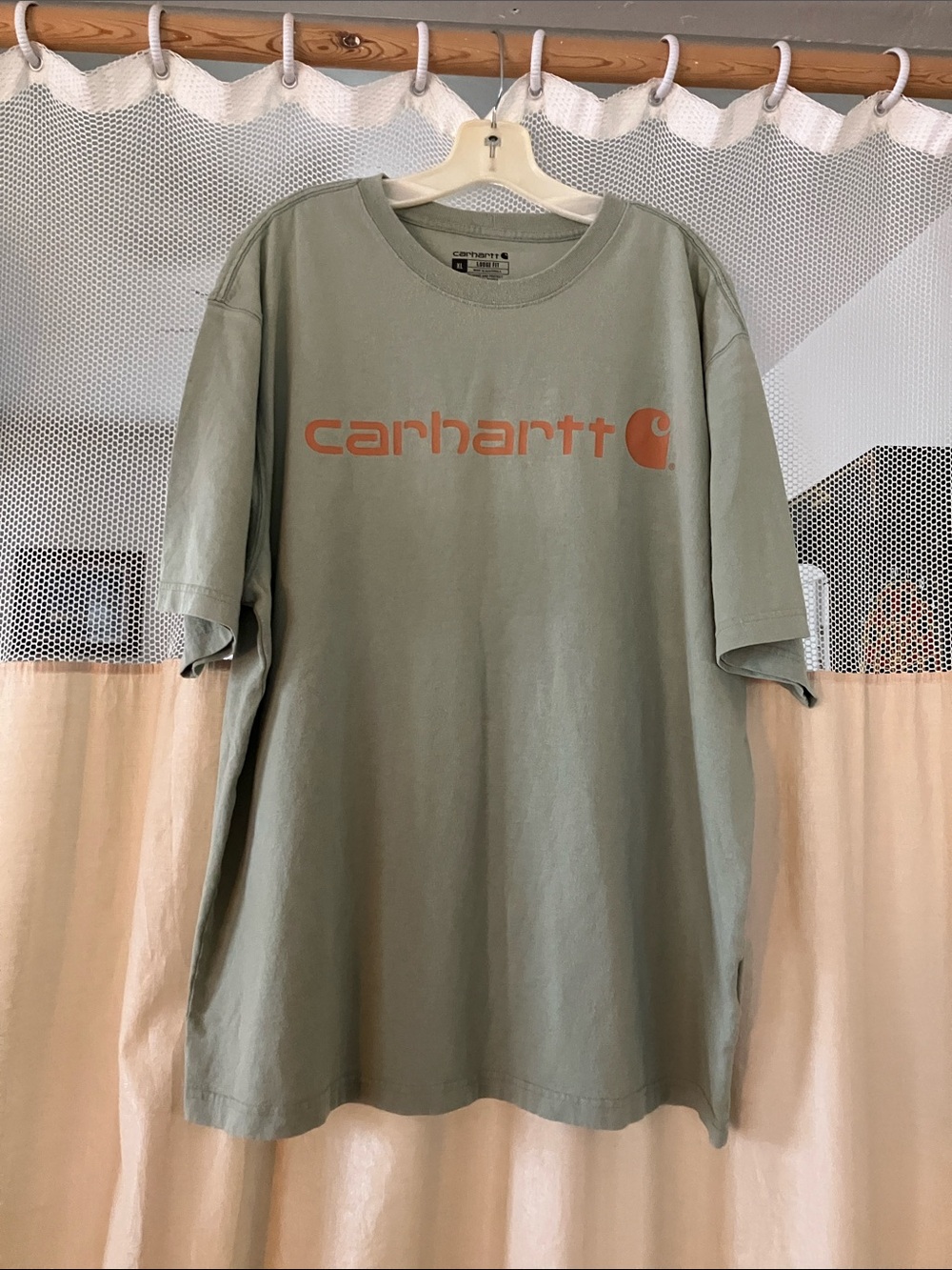 Carhartt Sage Green Short-Sleeve Logo Tee with Orange Print
